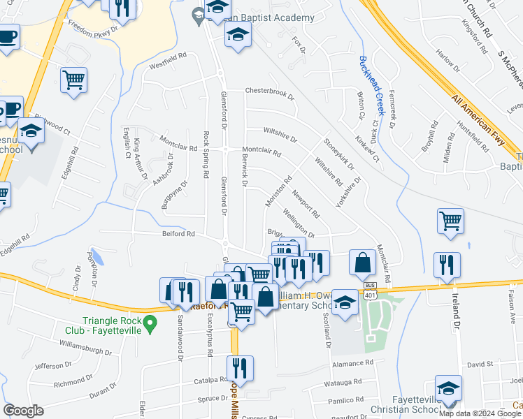 map of restaurants, bars, coffee shops, grocery stores, and more near 810 Moriston Road in Fayetteville