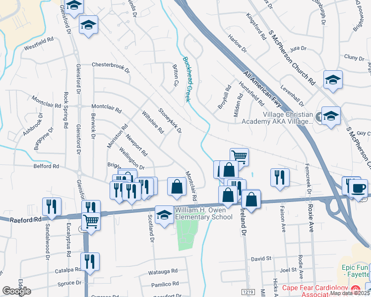 map of restaurants, bars, coffee shops, grocery stores, and more near 833 Stoneykirk Drive in Fayetteville