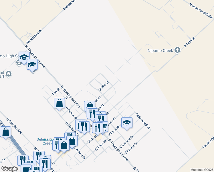 map of restaurants, bars, coffee shops, grocery stores, and more near 275 East Chestnut Street in Nipomo