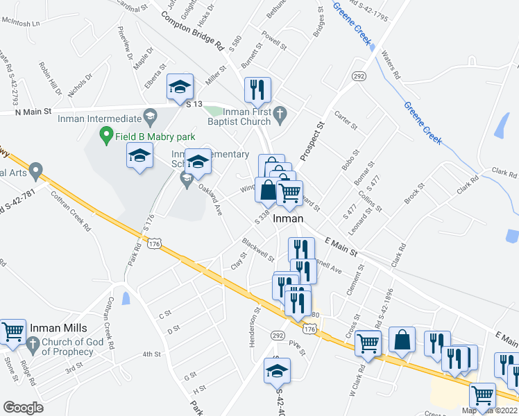 map of restaurants, bars, coffee shops, grocery stores, and more near 3 Bishop Street in Inman