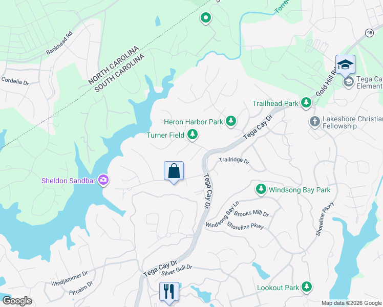 map of restaurants, bars, coffee shops, grocery stores, and more near 11116 Broken Brook Way in Tega Cay