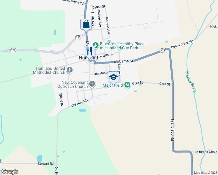 map of restaurants, bars, coffee shops, grocery stores, and more near 400 Gore Street in Huntland