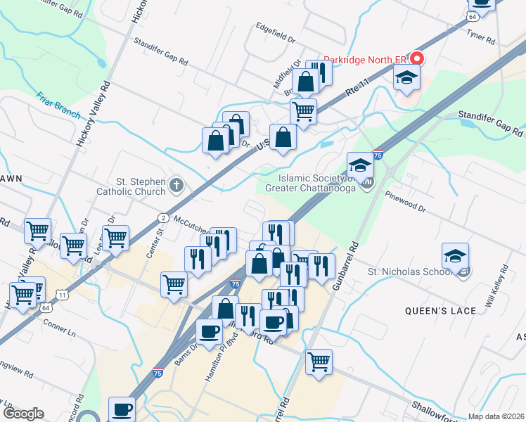 map of restaurants, bars, coffee shops, grocery stores, and more near 7395 Shady Vail Lane in Chattanooga