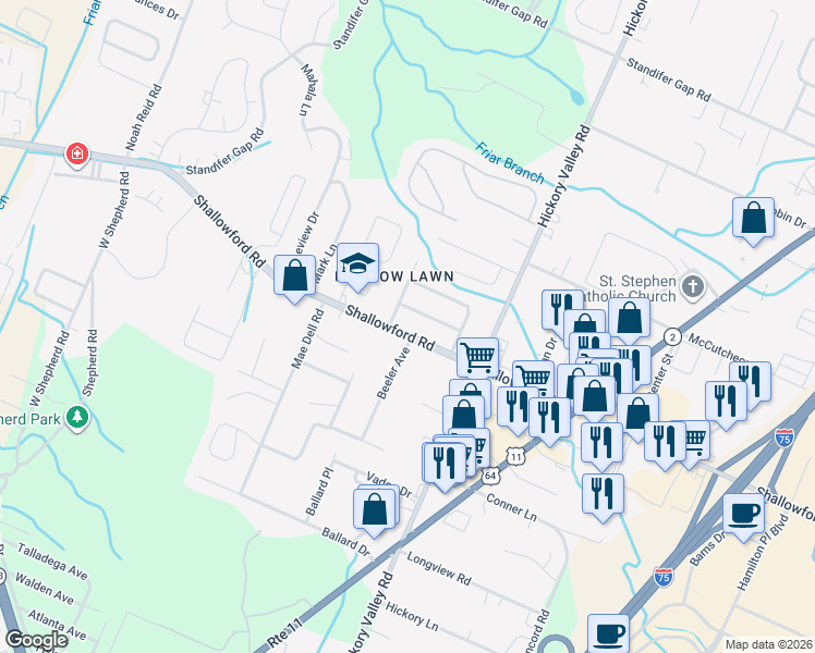 map of restaurants, bars, coffee shops, grocery stores, and more near 6705 Shallowford Road in Chattanooga