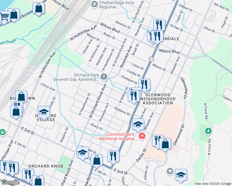 map of restaurants, bars, coffee shops, grocery stores, and more near 2014 Milne Street in Chattanooga