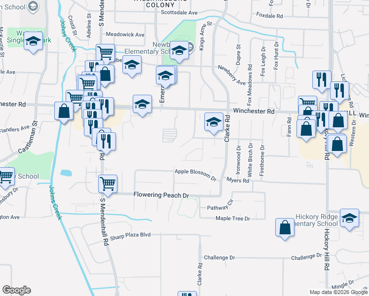 map of restaurants, bars, coffee shops, grocery stores, and more near 5556 Blossom Lane in Memphis