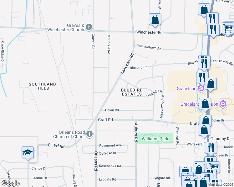 map of restaurants, bars, coffee shops, grocery stores, and more near 3700 Lakeview Road in Memphis
