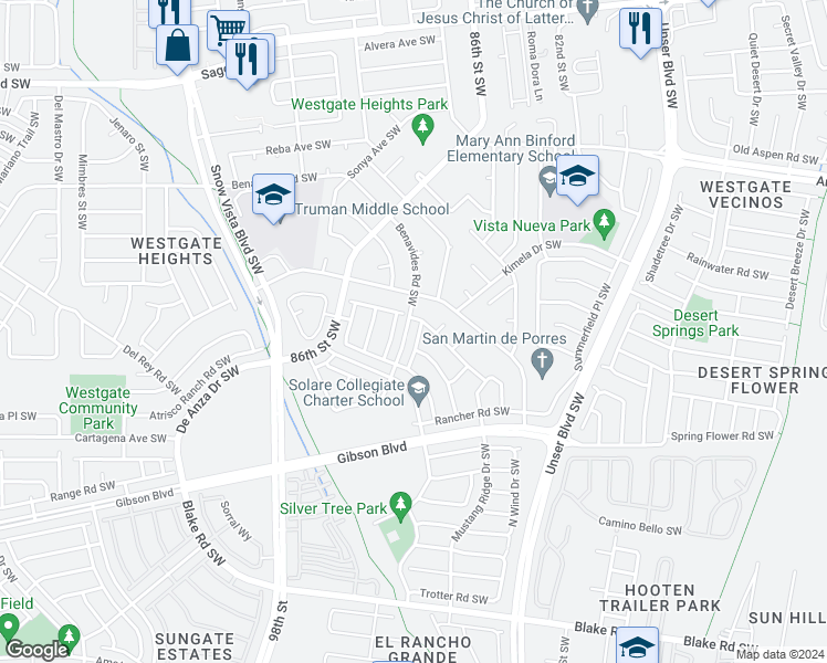 map of restaurants, bars, coffee shops, grocery stores, and more near 1609 Desert Ridge Road Southwest in Albuquerque