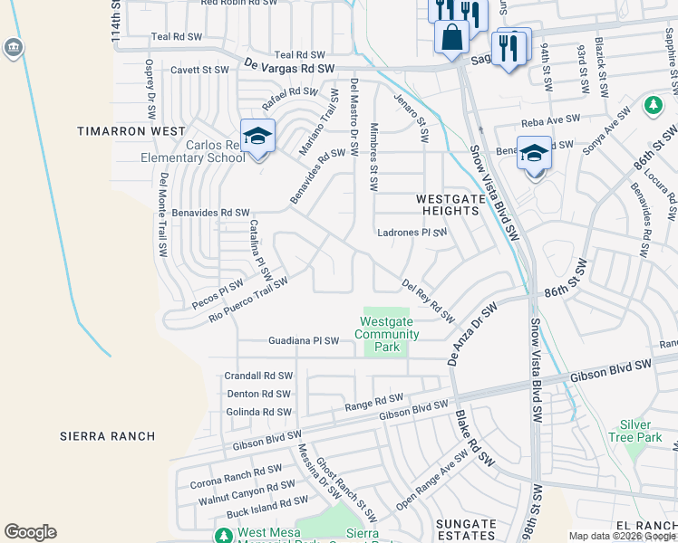 map of restaurants, bars, coffee shops, grocery stores, and more near 1857 Tovar Place Southwest in Albuquerque