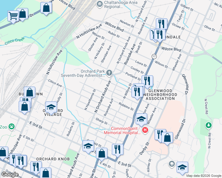 map of restaurants, bars, coffee shops, grocery stores, and more near 1911 Rawlings Street in Chattanooga