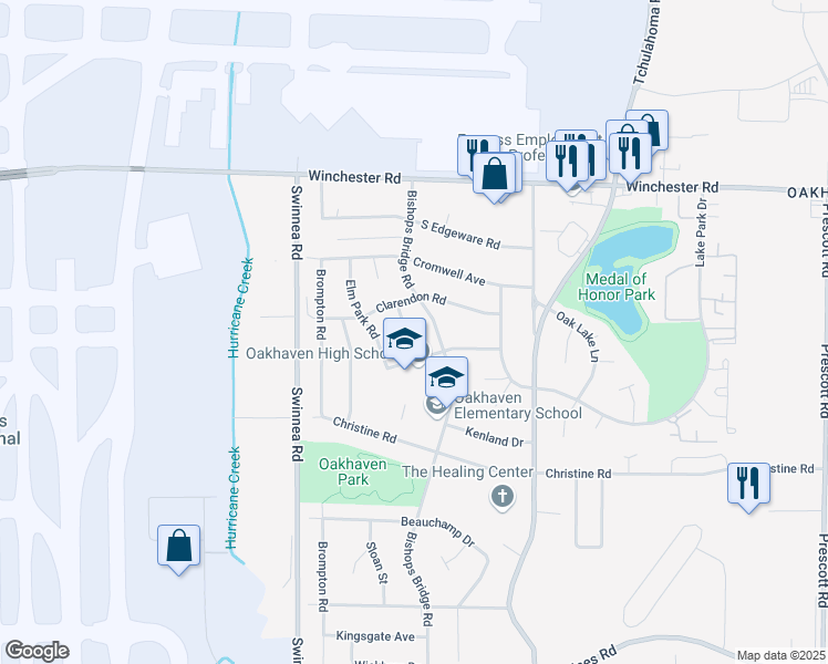 map of restaurants, bars, coffee shops, grocery stores, and more near 3700 Bedford Lane in Memphis