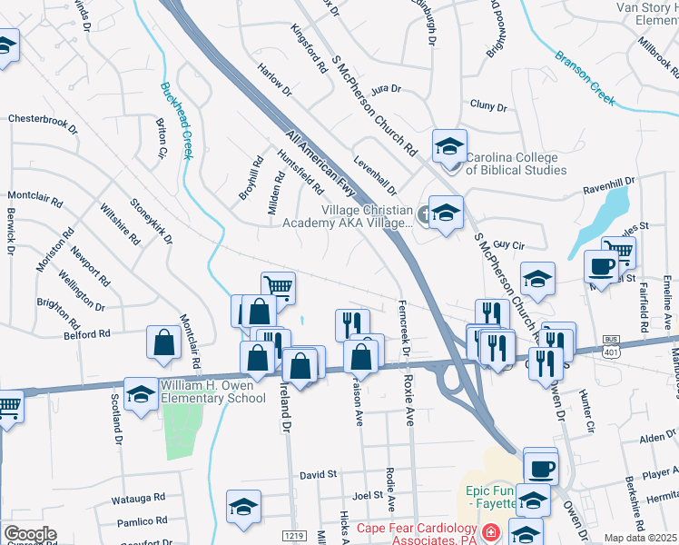 map of restaurants, bars, coffee shops, grocery stores, and more near 620 Ravencroft Court in Fayetteville