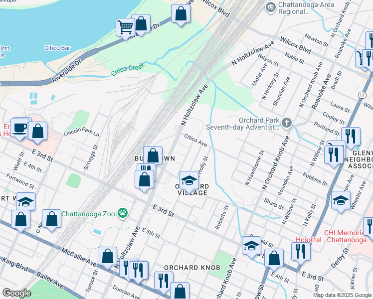 map of restaurants, bars, coffee shops, grocery stores, and more near 713 North Greenwood Avenue in Chattanooga