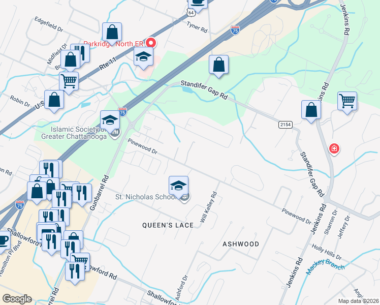 map of restaurants, bars, coffee shops, grocery stores, and more near 7445 Pinewood Drive in Chattanooga