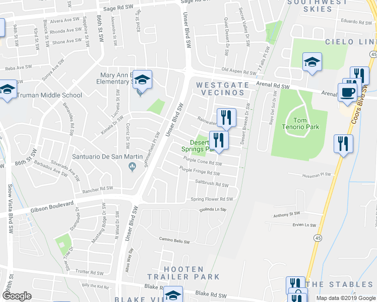 map of restaurants, bars, coffee shops, grocery stores, and more near 7800 April Flower Road Southwest in Albuquerque