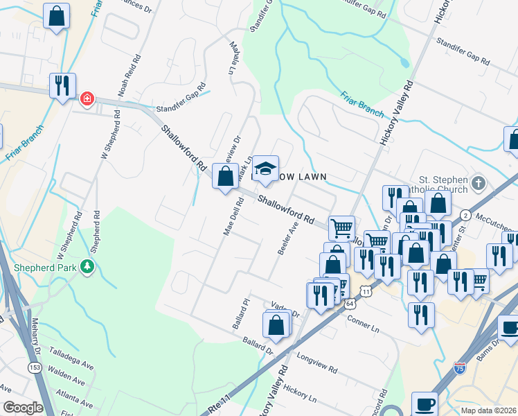map of restaurants, bars, coffee shops, grocery stores, and more near 6614 Shallowford Road in Chattanooga