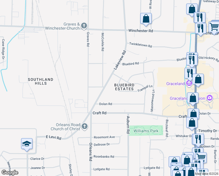 map of restaurants, bars, coffee shops, grocery stores, and more near 3700 Lakeview Road in Memphis