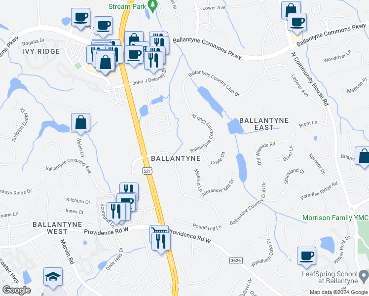 map of restaurants, bars, coffee shops, grocery stores, and more near 14930 Ballantyne Country Club Drive in Charlotte