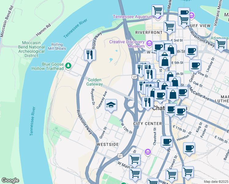 map of restaurants, bars, coffee shops, grocery stores, and more near 440 West Martin Luther King Boulevard in Chattanooga