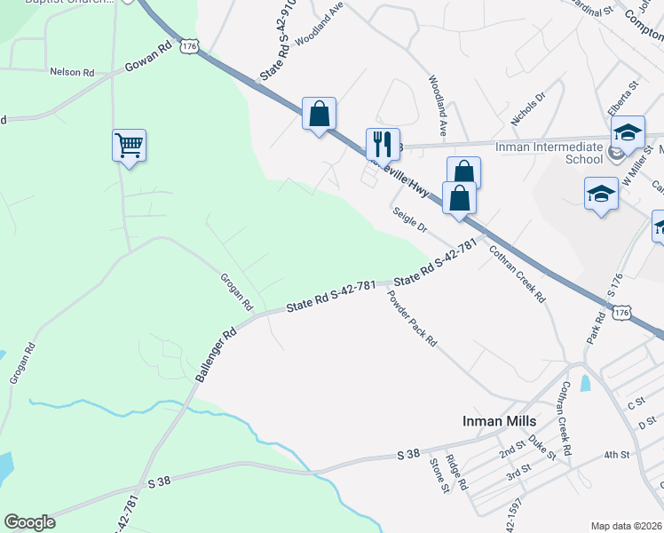 map of restaurants, bars, coffee shops, grocery stores, and more near 370 Ballenger Road in Inman