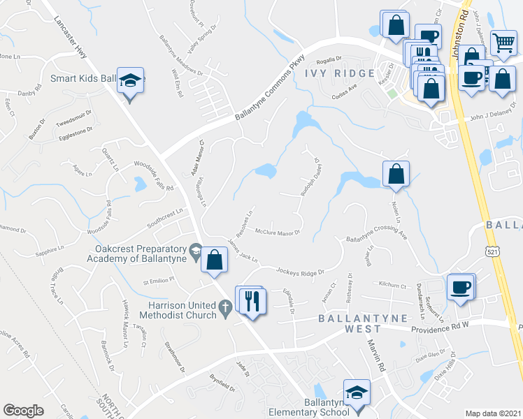 map of restaurants, bars, coffee shops, grocery stores, and more near 14819 Resolves Ln in Charlotte