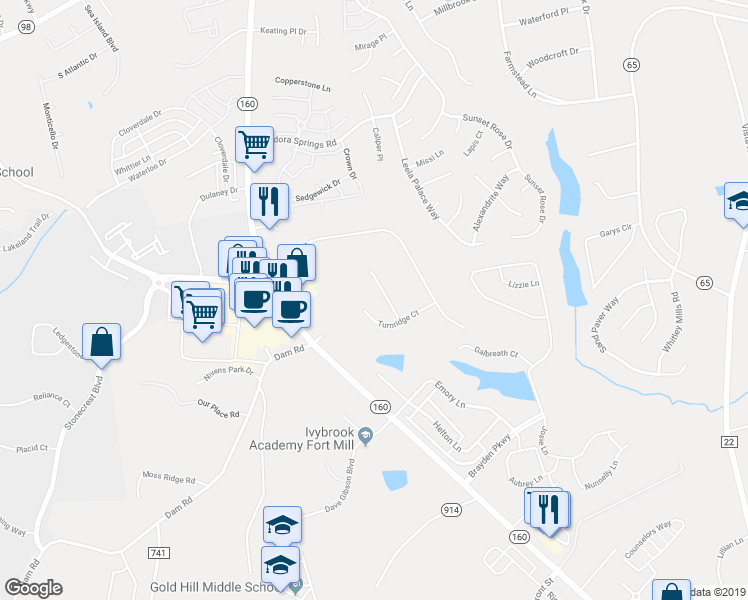 map of restaurants, bars, coffee shops, grocery stores, and more near 2435 Winding Trail Lane in Fort Mill