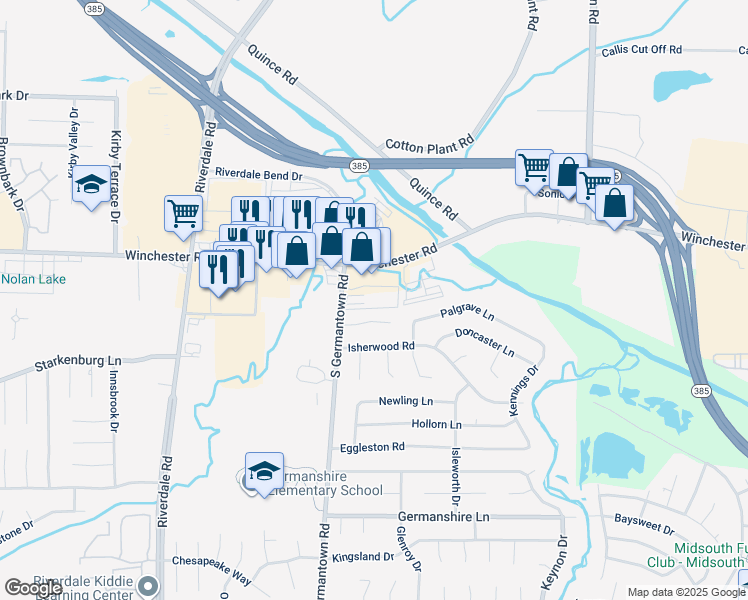 map of restaurants, bars, coffee shops, grocery stores, and more near 3686 South Germantown Road in Memphis