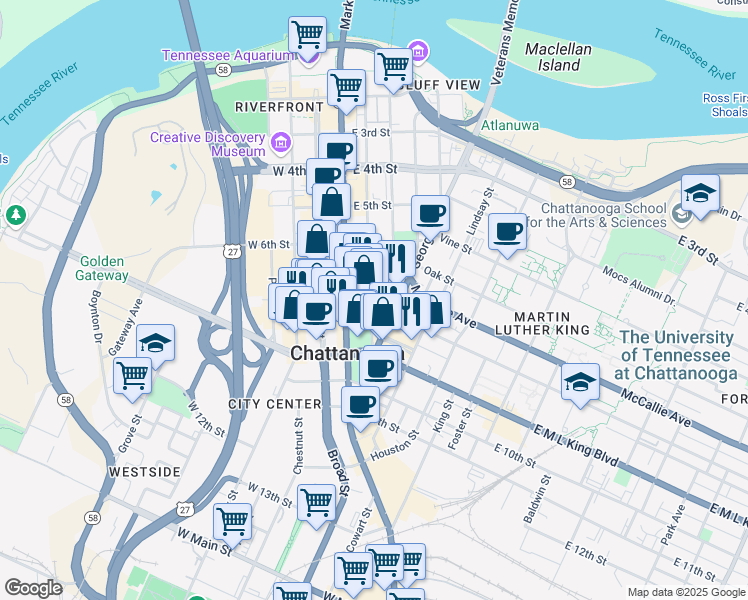 map of restaurants, bars, coffee shops, grocery stores, and more near 724 Cherry Street in Chattanooga