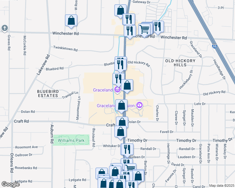 map of restaurants, bars, coffee shops, grocery stores, and more near Elvis Presley Boulevard in Memphis