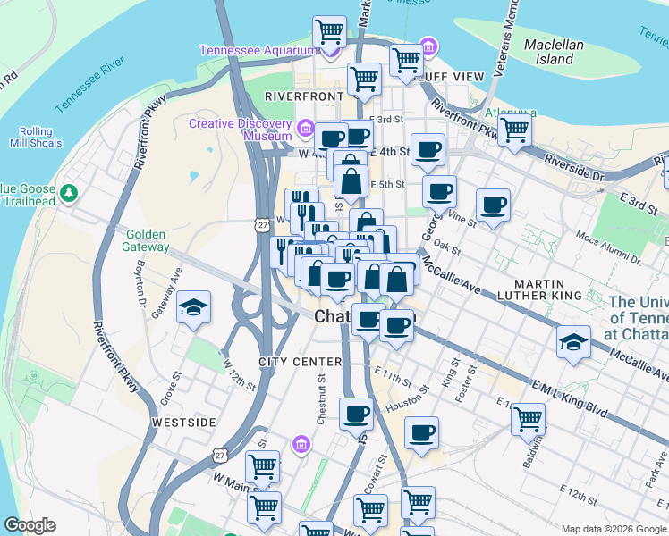 map of restaurants, bars, coffee shops, grocery stores, and more near 721 Broad Street in Chattanooga