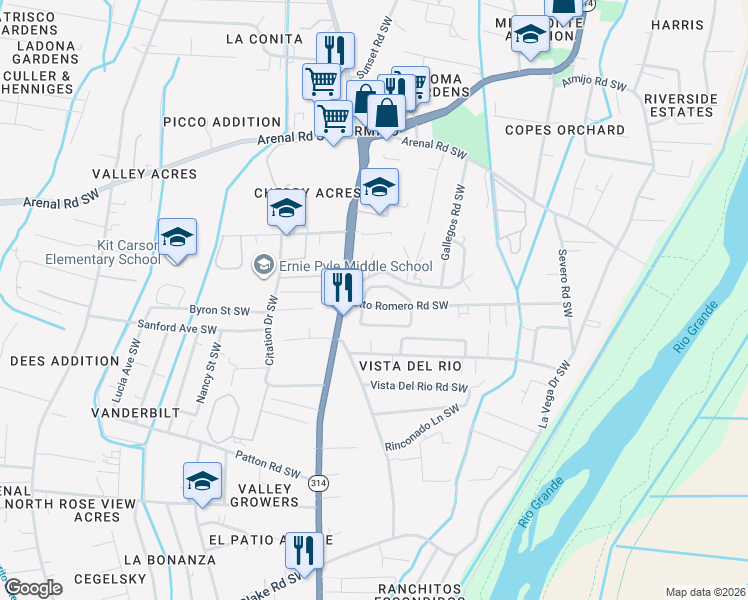 map of restaurants, bars, coffee shops, grocery stores, and more near 1428 Vito Romero Road Southwest in Albuquerque
