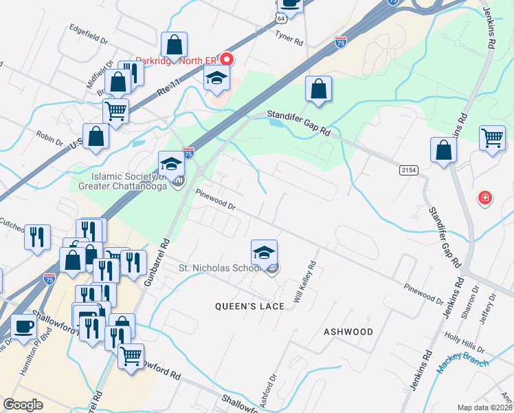 map of restaurants, bars, coffee shops, grocery stores, and more near 2611 Wendell Way in Chattanooga