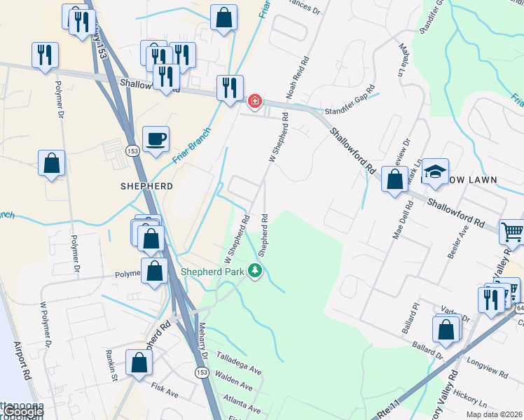 map of restaurants, bars, coffee shops, grocery stores, and more near 2174 West Shepherd Road in Chattanooga