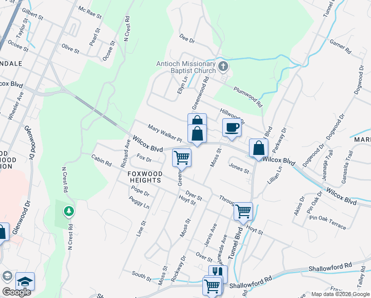 map of restaurants, bars, coffee shops, grocery stores, and more near 1319 Greenwood Road in Chattanooga