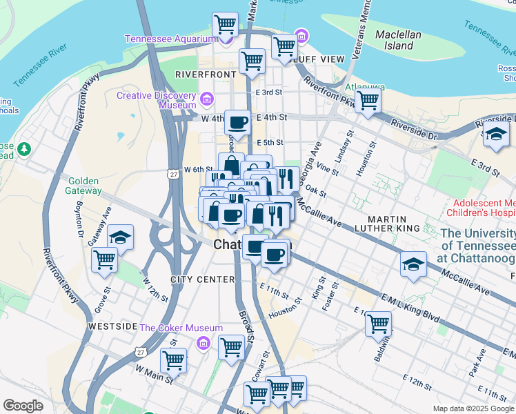 map of restaurants, bars, coffee shops, grocery stores, and more near 736 Market Street in Chattanooga