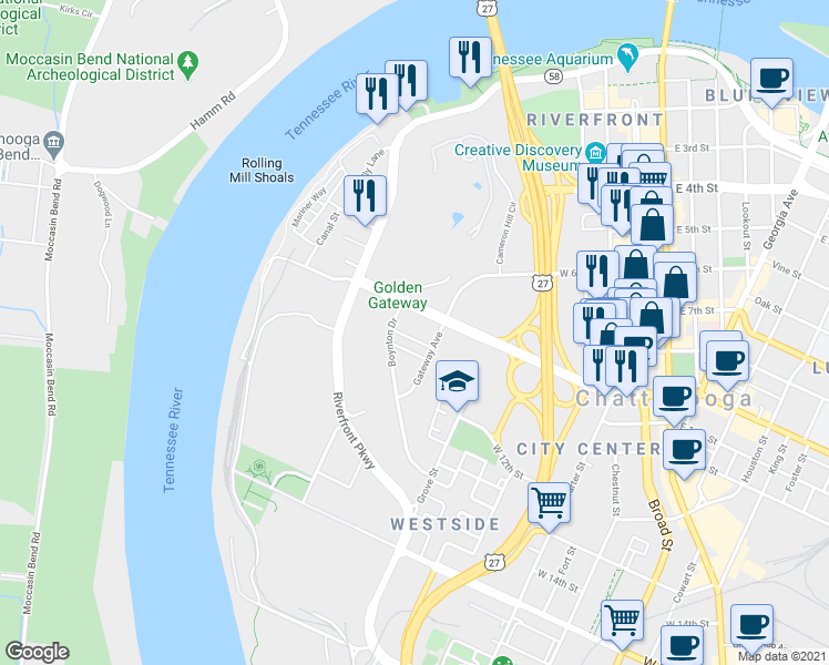 map of restaurants, bars, coffee shops, grocery stores, and more near 953 Boynton Drive in Chattanooga