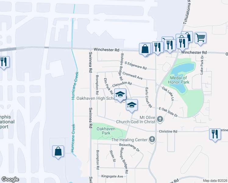 map of restaurants, bars, coffee shops, grocery stores, and more near 3701 Elm Park Road in Memphis