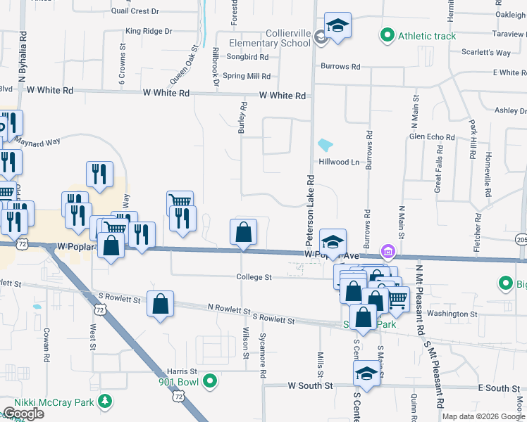 map of restaurants, bars, coffee shops, grocery stores, and more near 274 Amelia Cove in Collierville