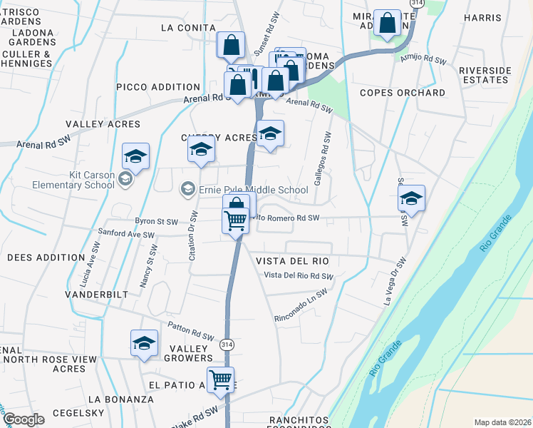 map of restaurants, bars, coffee shops, grocery stores, and more near 1428 Vito Romero Road Southwest in Albuquerque