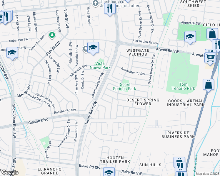 map of restaurants, bars, coffee shops, grocery stores, and more near 7909 Purple Cone Road Southwest in Albuquerque