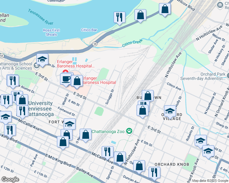 map of restaurants, bars, coffee shops, grocery stores, and more near 3456 Scruggs Street in Chattanooga