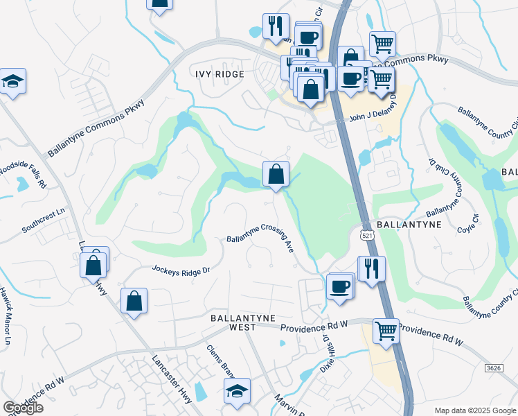 map of restaurants, bars, coffee shops, grocery stores, and more near 11459 Legette Court in Charlotte