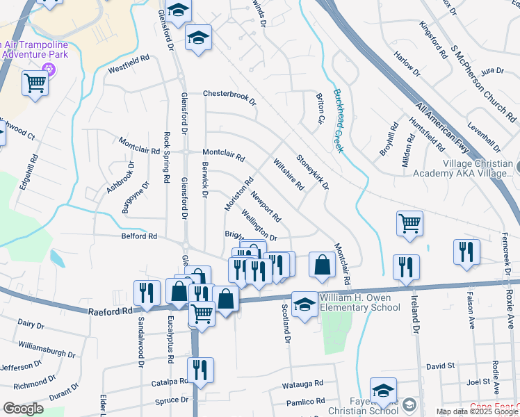 map of restaurants, bars, coffee shops, grocery stores, and more near 742 Newport Road in Fayetteville