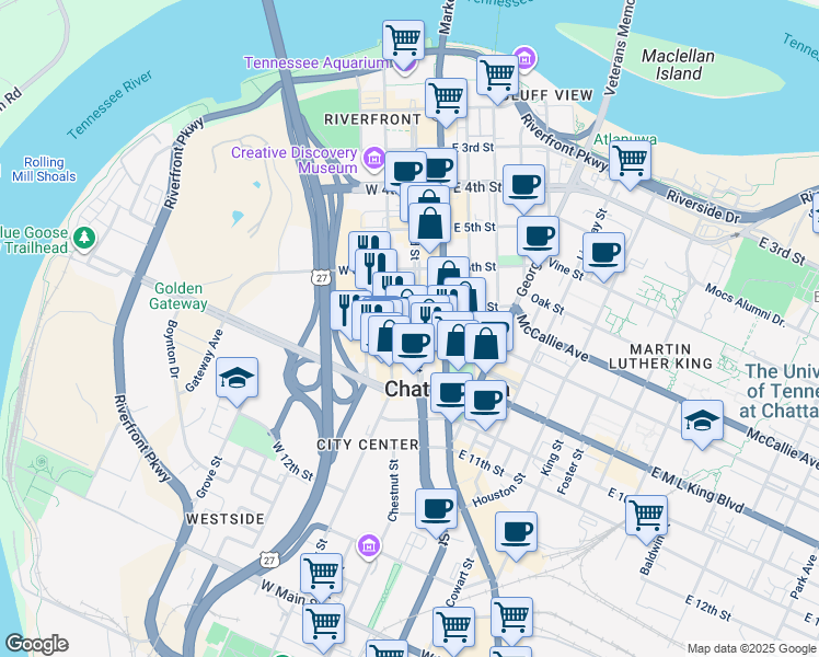 map of restaurants, bars, coffee shops, grocery stores, and more near 721 Broad Street in Chattanooga