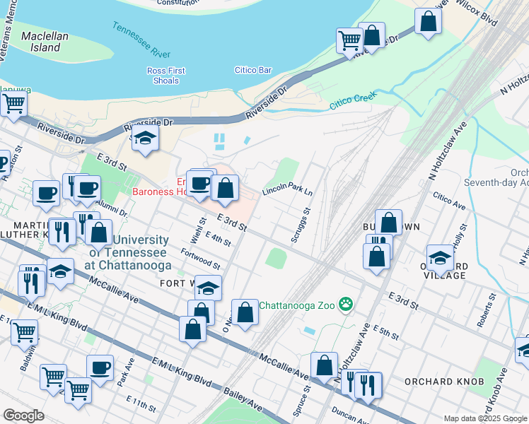 map of restaurants, bars, coffee shops, grocery stores, and more near 116 Central Ave in Chattanooga