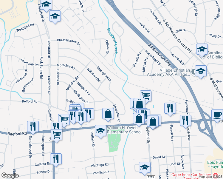 map of restaurants, bars, coffee shops, grocery stores, and more near 829 Stoneykirk Drive in Fayetteville
