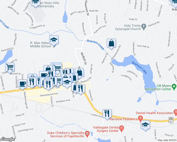map of restaurants, bars, coffee shops, grocery stores, and more near 2416 Amigo Drive in Fayetteville