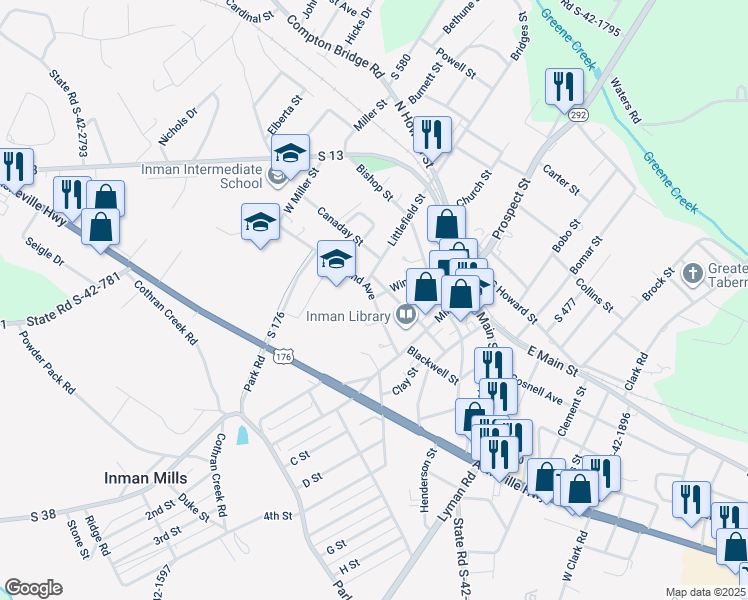 map of restaurants, bars, coffee shops, grocery stores, and more near 25 Oakland Avenue in Inman
