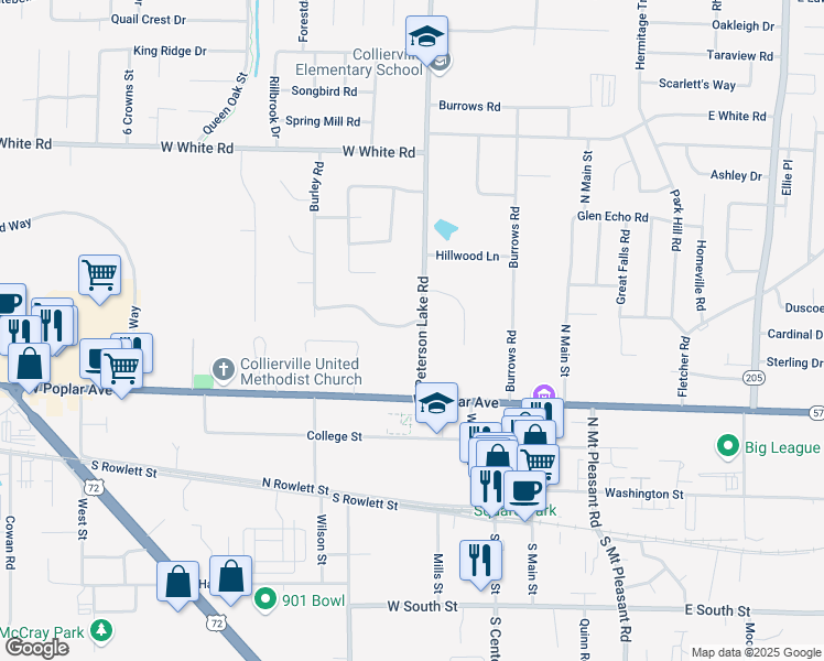 map of restaurants, bars, coffee shops, grocery stores, and more near 224 Peterson Lake Road in Collierville