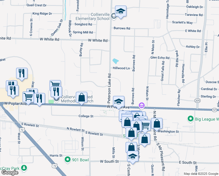map of restaurants, bars, coffee shops, grocery stores, and more near 224 Peterson Lake Road in Collierville